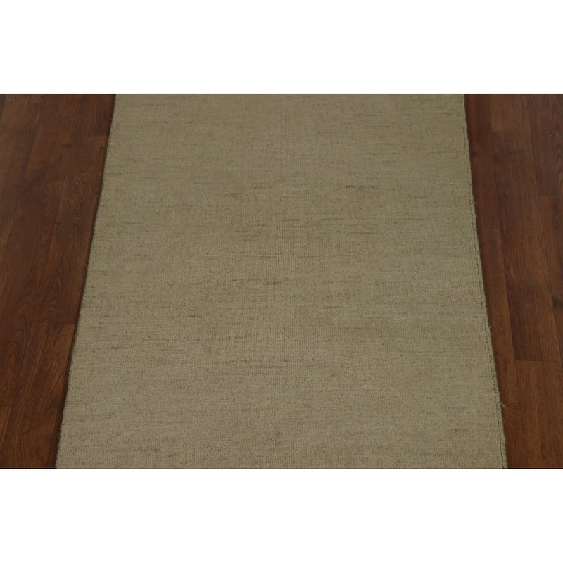 Muted Green & Gold Modern Gabbeh Runner Rug Handmade Wool Carpet - 2'7" x 9'6"