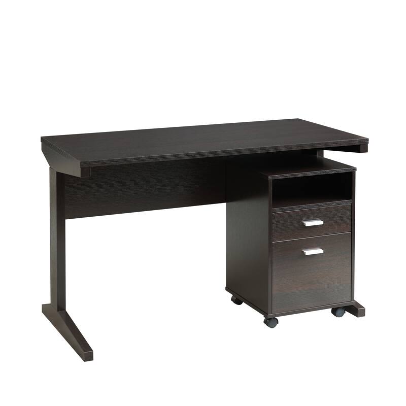 Home office desk with modesty panel and detached file cabinet on locking wheels with two drawer