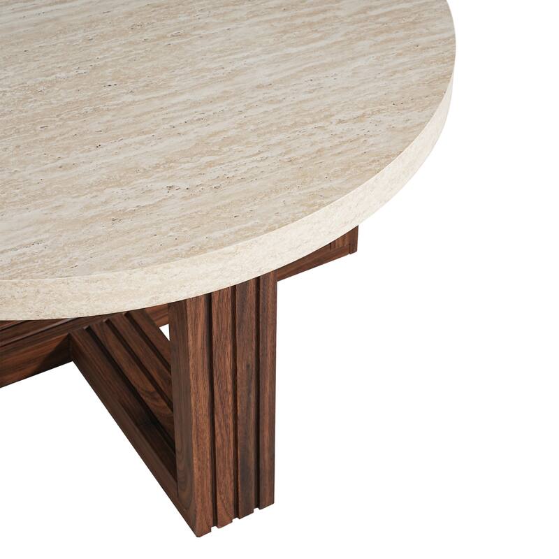 Round Coffee Table 31.5 Inch Marble Pattern Top & Cross Brown Base, Modern Center Table for Living Room