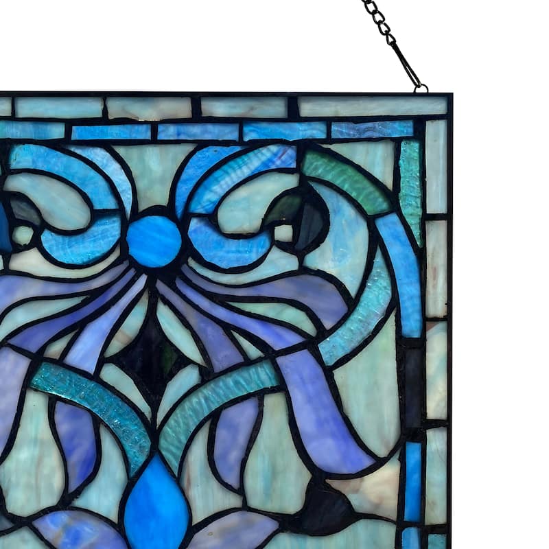 River of Goods Blue Classic Geometric Floral River of Goods Stained Glass Window Panel - 12" x 0.25" x 12"