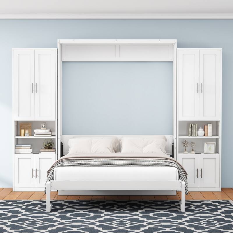 White Murphy Bed Desk Combo Chest Convertible Cabinet Bed Wall Bed Folding Space Saving Cube Bed Platform Low Profile Bed - White with 2 Cabinet - Full