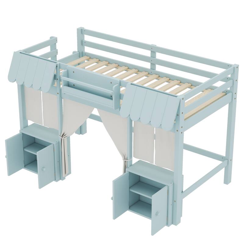 Roomfitters Low Loft Bed with Curtain and Storage, Solid Wood Cottage Frame with Bookshelf