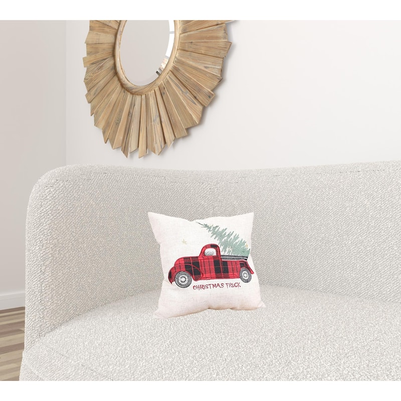 14" X 14" Beige and Red Christmas Holiday Red Truck Linen Blend Zippered Pillow With Embroidery