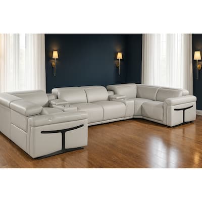HomeRoots Light Gray Italian Leather Power Reclining U Shaped Eight Piece Corner Sectional With Console