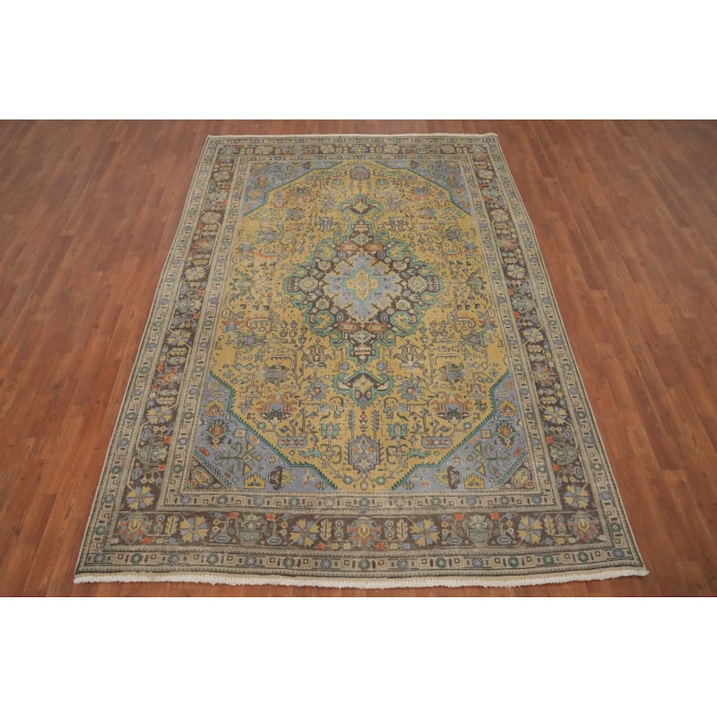 Hand Knotted Oriental 100% Wool Carpet Traditional Floral Yellow & Gold Tabriz Area Rug - 9' 4'' X 6' 5''