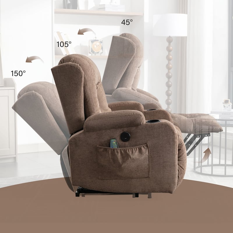 Brown Electric Power Lift Recliner with Heating, Massage, USB Charging, and Side Storage, Adjustable Recline for Elderly