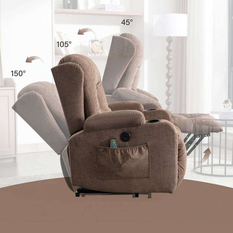 Brown Power Lift Recliner with Heat, Massage, USB Port, Side Pocket Storage, and Adjustable Recline for the Elderly