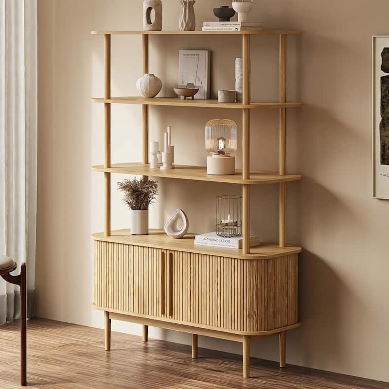 Bookshelf with Sliding Tambour Doors, Mid Century Modern Bookshelf with Storage, Wooden Open Display Shelf