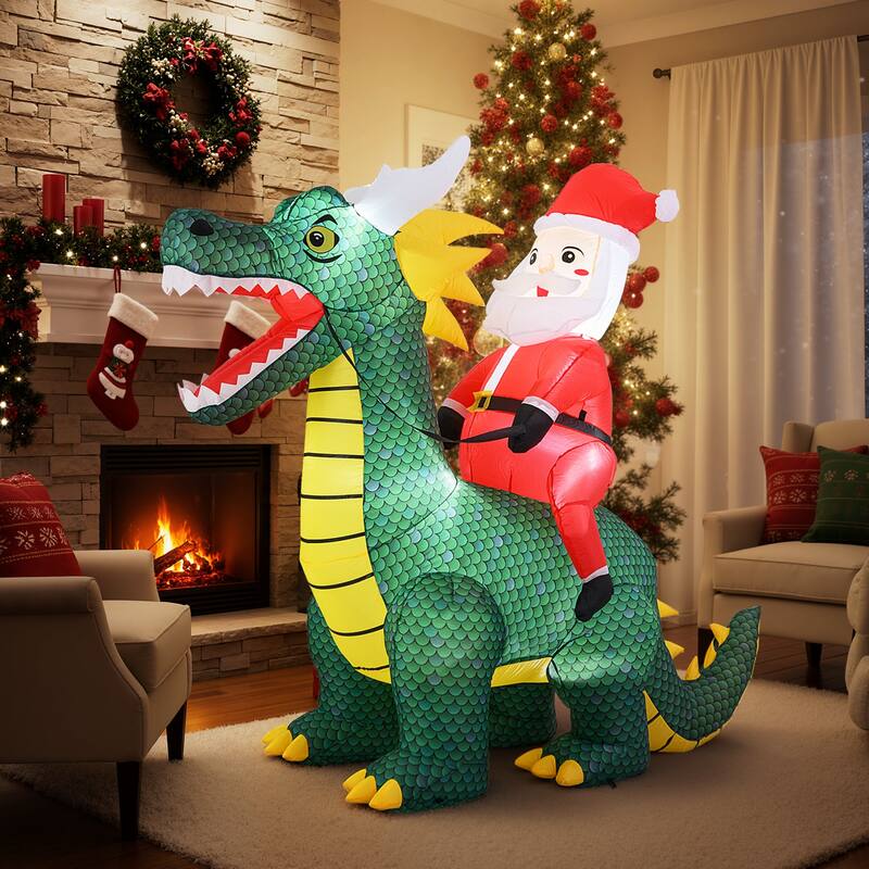 Gymax 6.7 FT Christmas Inflatable Santa Claus Ride on Dinosaur
