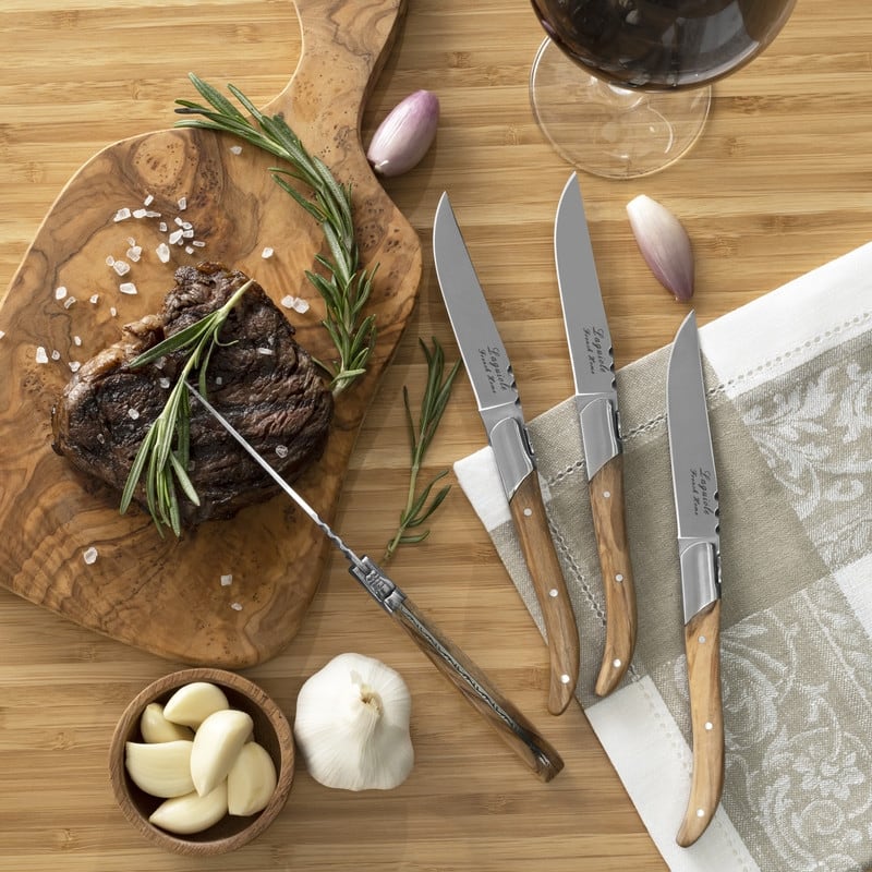 French Home Laguiole Set of 4 Connoisseur Steak Knives with Olive Wood Handles - Silver