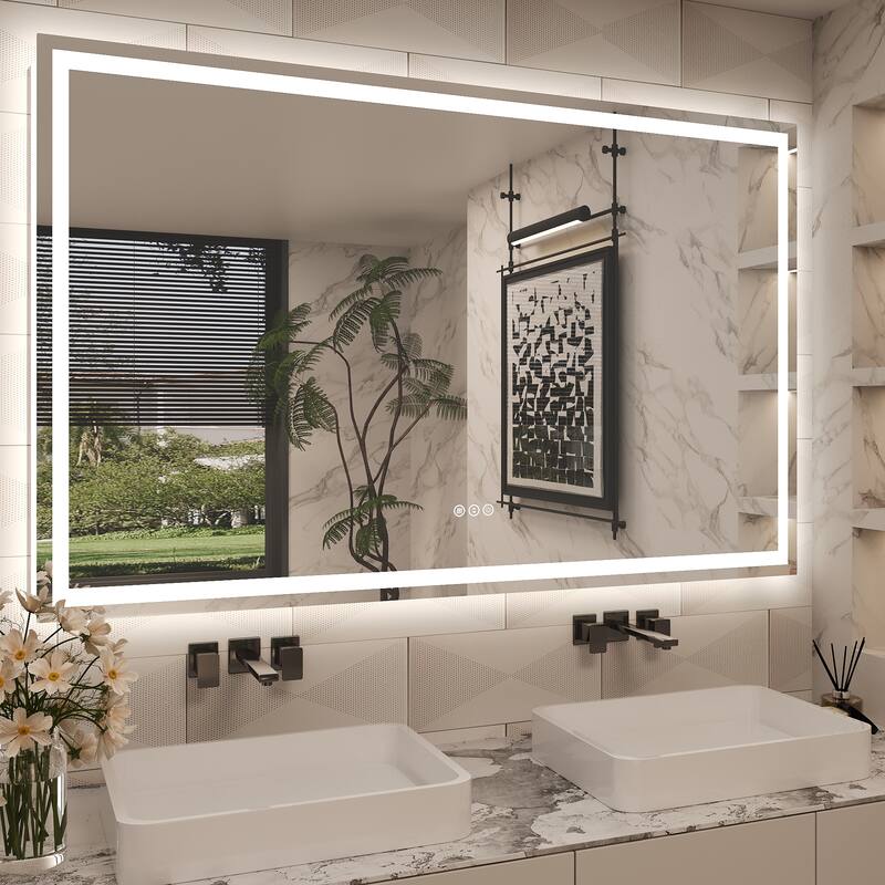 Frameless LED Front Light and Backlit 3 Colors Dimmable Anti-Fog Wall Bathroom Vanity Mirror - 57" x 36"-Square Corner
