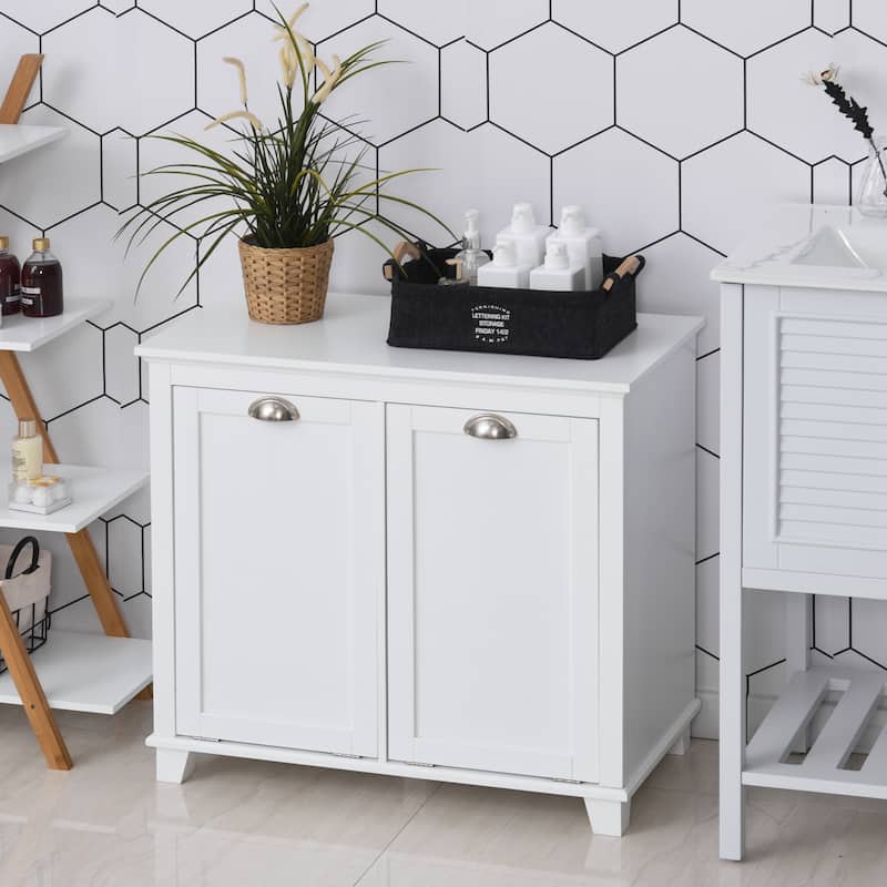 HOMCOM Laundry Room Organization and Storage Cabinet Freestanding Furniture with 2 Tilt Out Hamper Design, White - 30*15.75*27.5
