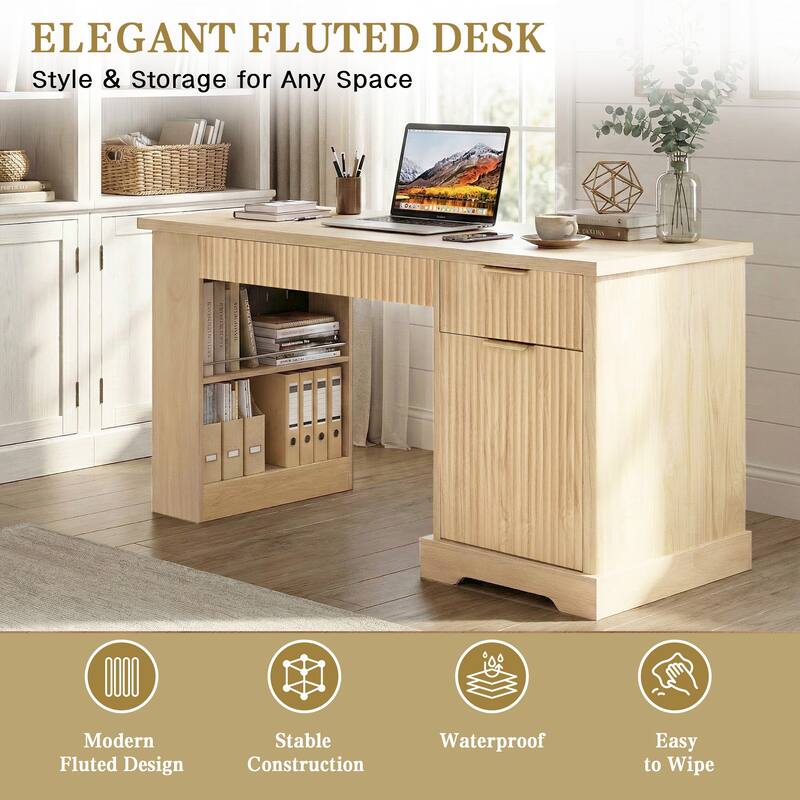 55" Modern Fluted Office Desk with Storage Cabinet & Drawers, Computer Writing Desk with Power Outlet, Pegboard
