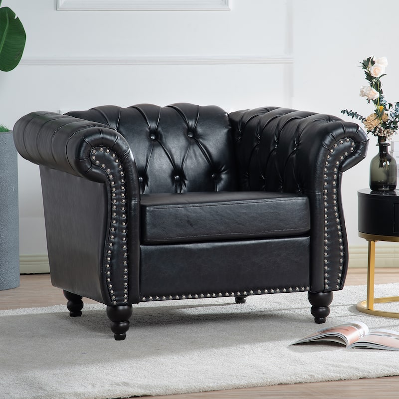 Black PU 38.98" Buttons Tufted Accent Chair with Birch Legs