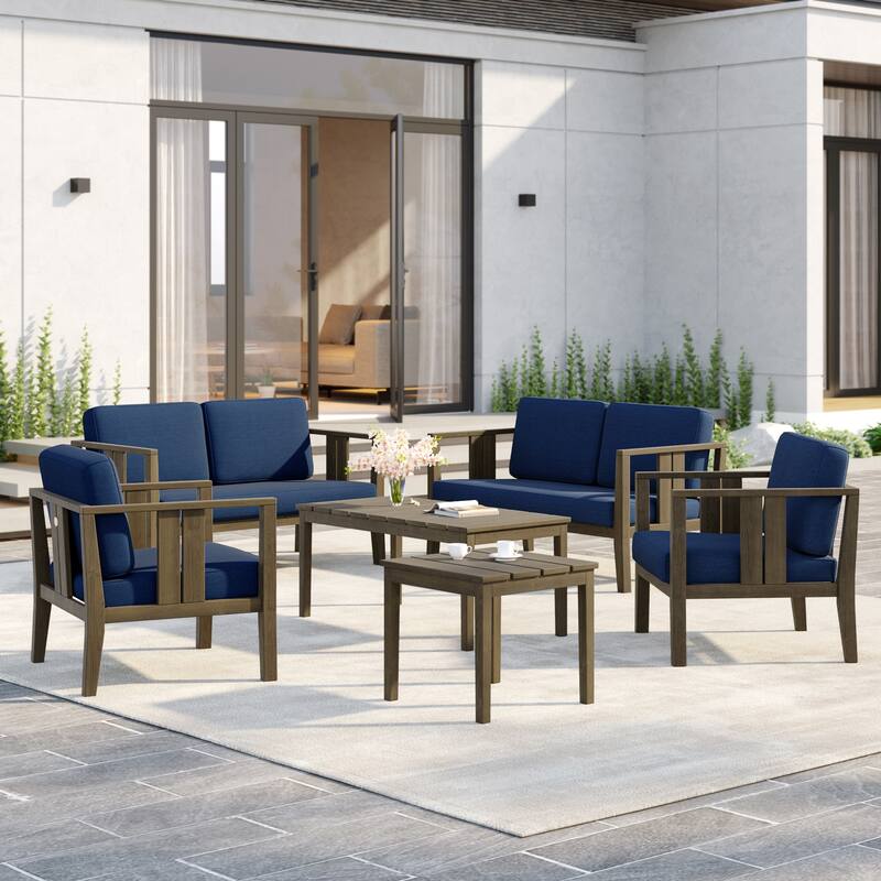 6-Piece Outdoor Furniture Solid Teak Patio Conversation Set with Table - Navy - Naturalframe