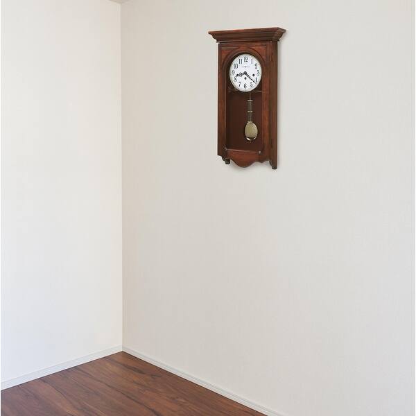 slide 2 of 2, Howard Miller Jennelle 78th Anniversary Grandfather Clock Style Chiming Wall Clock with Pendulum, Vintage, Old World Design Cherry