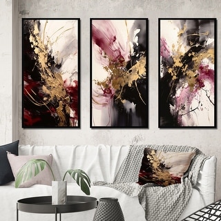 Designart "Gold And Red Fluid Fusion I" Abstract Framed Wall Art Set Of 3 Frame Canvas Set For Living Room Decor