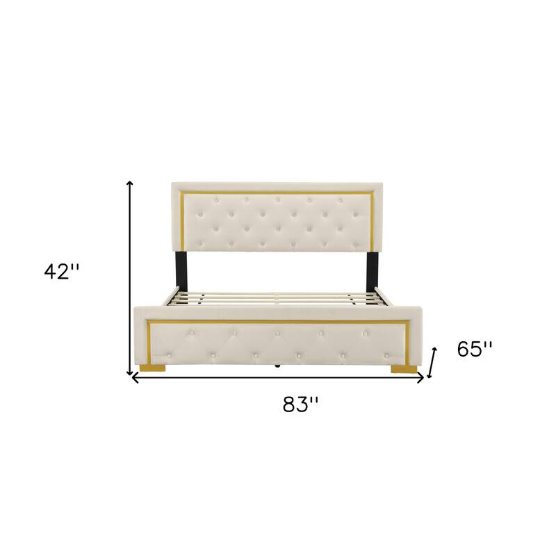 HomeRoots Beige Tufted Velvet Upholstered Queen Bed Frame