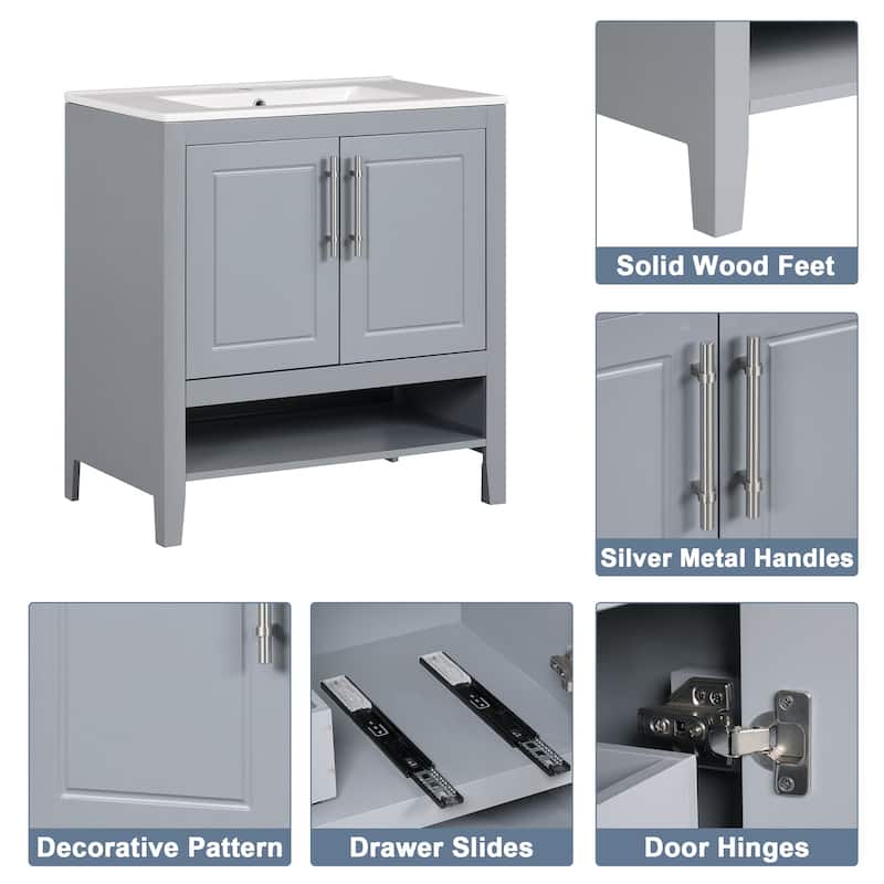 30 Inch Freestanding Bathroom Vanity Set with Ceramic Sink and Doors