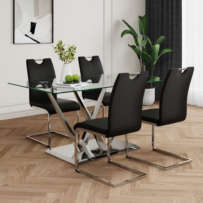 63" Glass Dining Table Set for 4, 5 Piece Dining Table and Chairs Set, Rectangular Table with 4 Faux Leather Chairs & Metal Legs