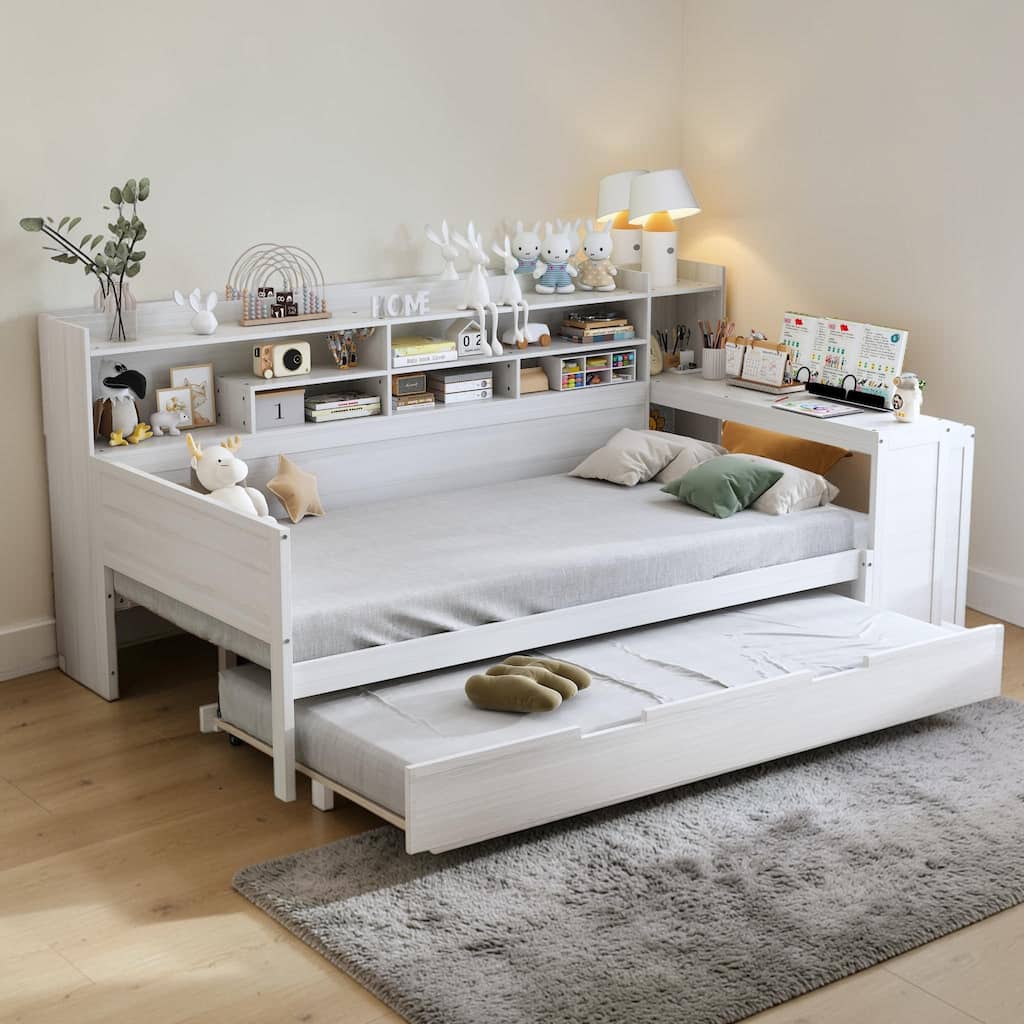 Wood Daybed with Trundle and Desk, Storage Shelves Multifunctional Bed Frame for Kids Teens