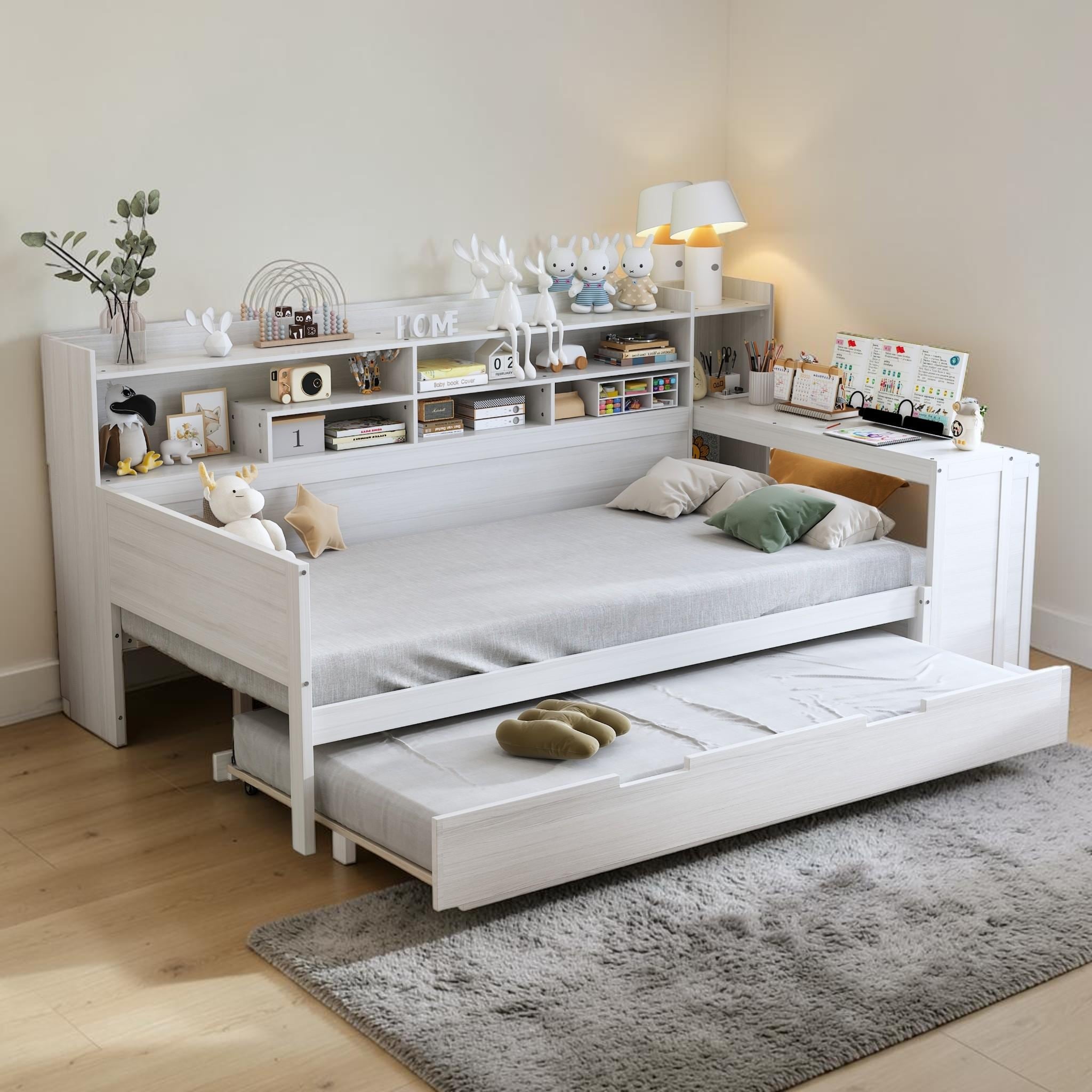 Wood Daybed with Trundle and Desk, Storage Shelves Multifunctional Bed Frame for Kids Teens