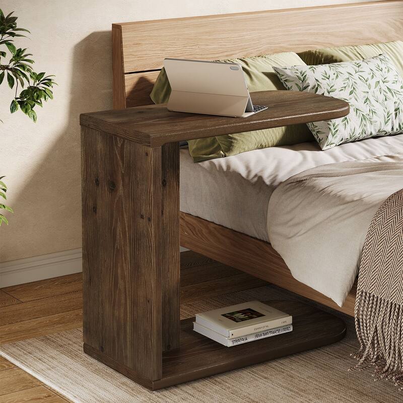 Small C-Shaped End Table, Solid Wood C Table for Sofa