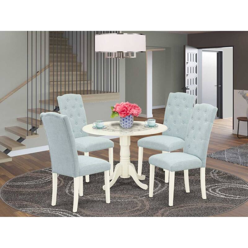HomeStock 5-Piece Round Buttermilk and Cherry Finish Solid Wood Top Dining Table with 4-Parson Chair with Drop Leaf Lattice Back
