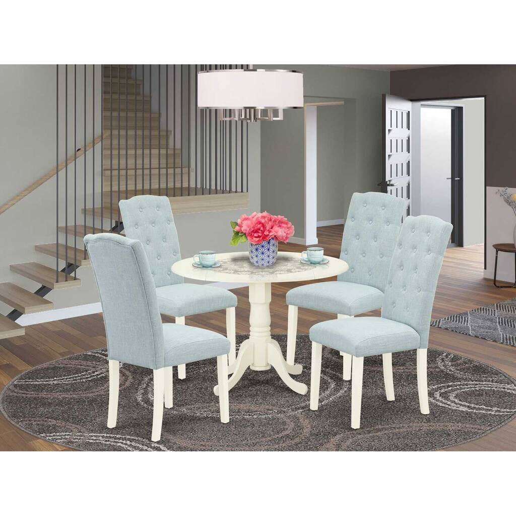 HomeStock 5-Piece Round Buttermilk and Cherry Finish Solid Wood Top Dining Table with 4-Parson Chair with Drop Leaf Lattice Back