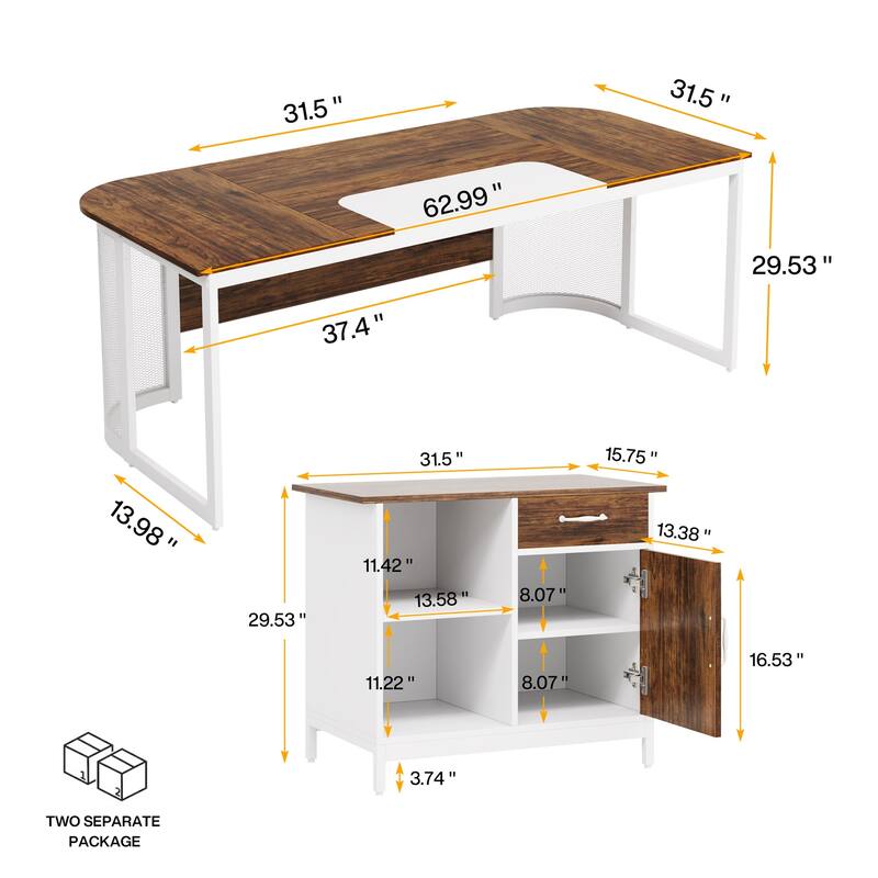 Large 63" L-Shaped Executive Office Desk with 31” File Cabinet
