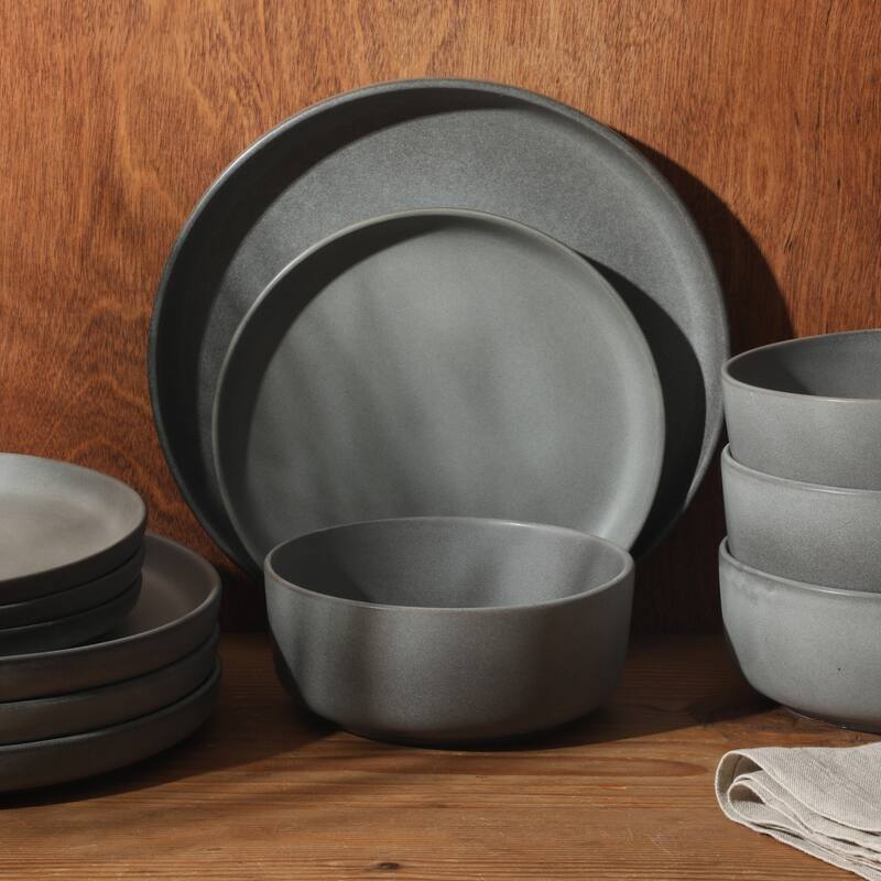 Gibson Elite Pasco (Service for 4) Plates and Double Bowl Reactive Glaze Stoneware Ceramic Dinnerware Set