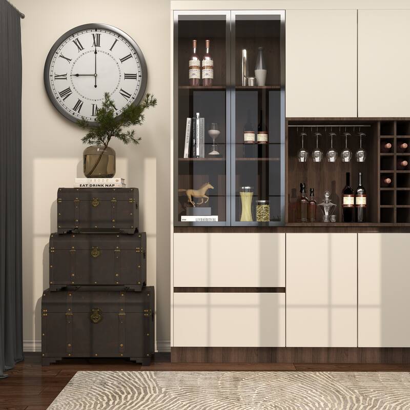 Brown Wooden Nesting Upholstered Decorative Trunk with Vintage Accents and Studs (Set of 3)