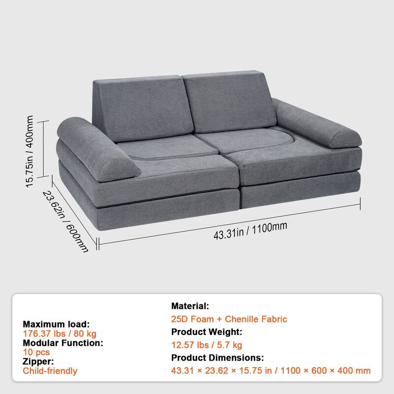Grey Chenille Fabric Modular Kids Play Couch with Foam Cushions and Safe Zippers - 43.31” L x 23.62” W x 15.75” H