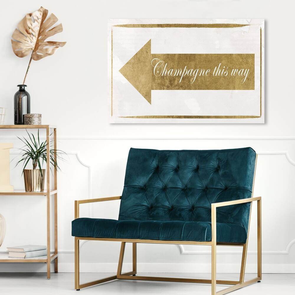 Wynwood Studio 'Champagne This Way' Typography and Quotes Wall Art Canvas Print Funny Quotes and Sayings - Gold, White