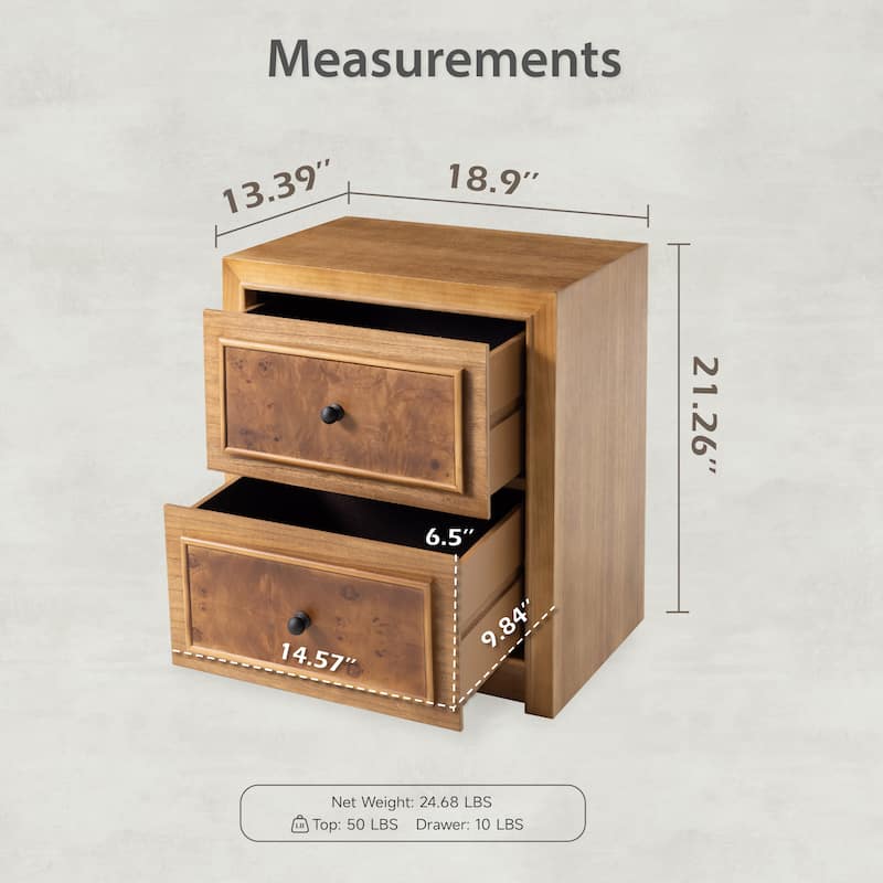 COZAYH Fully Assembled Wooden Nightstand, Burl Front Dresser in Farmhouse Style, Natural Finish Bedside Table with Ample Storage