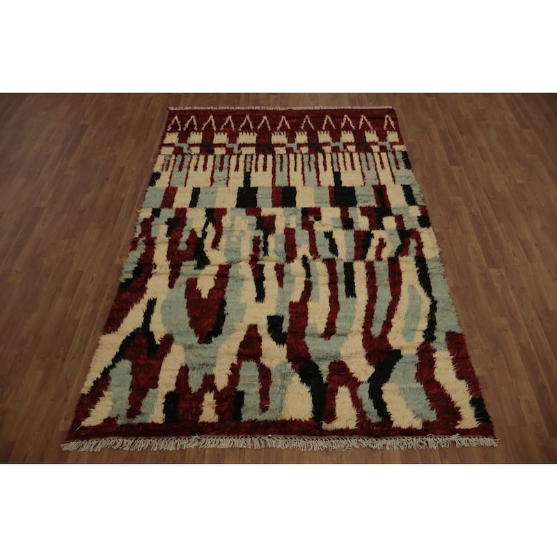 Hand Knotted Oriental 100% Wool Carpet Modern Tribal Beige & Ivories Moroccan Area Rug - 9' 2'' X 6' 0''