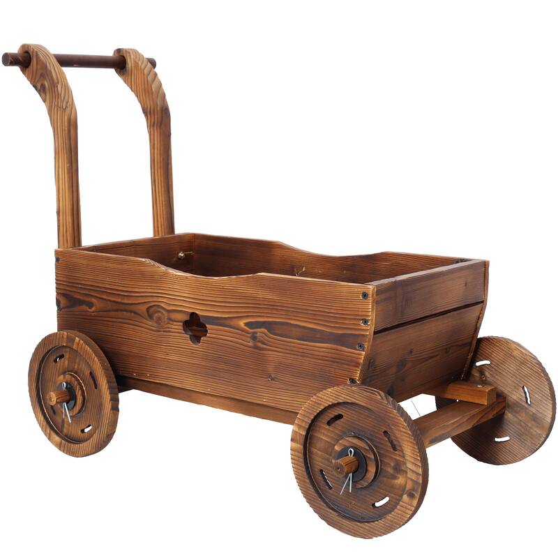 Wooden Wagon Planter Box, Mobile Garden Planter with 4 Wheels, Handle, Drain Hole, Decorative Flower Planter
