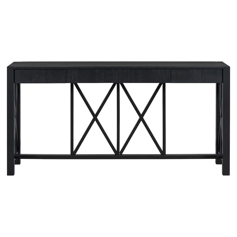 Modern Long Console Table with 4 Drawers, Crisscross Design Narrow Sofa Table, Entryway Display Table