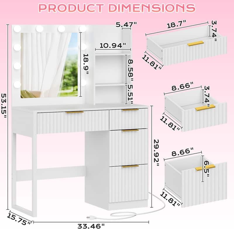 Particle Board Veneered with Textured Melamine 4-drawer 2-shelf with 10 Three-color Dimmable Bulbs Dressing Table - N/A