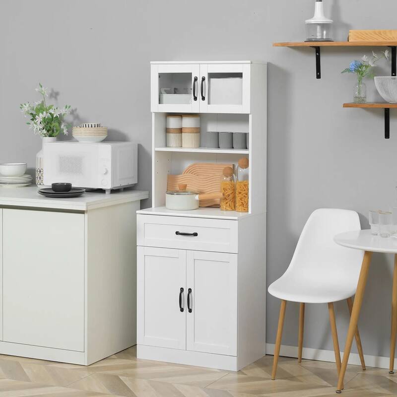 Freestanding Kitchen Pantry with Hutch, Adjustable Shelves, Coffee Bar - White