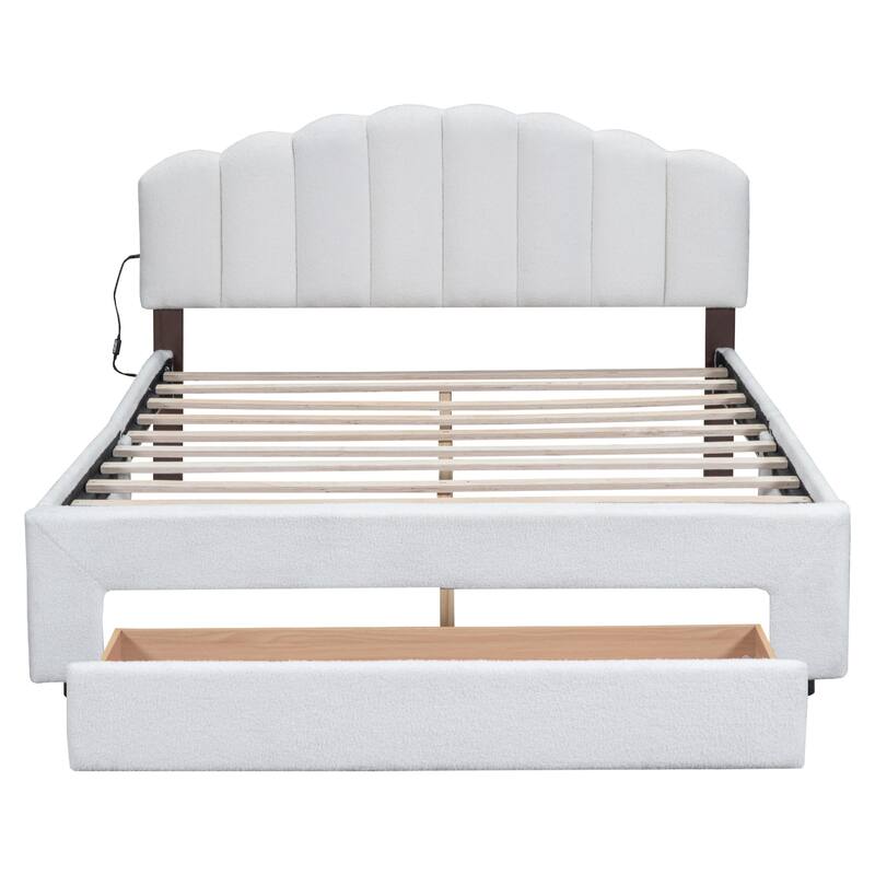 Queen Teddy Fleece Platform Bed with Drawer, USB Ports, and LED Light