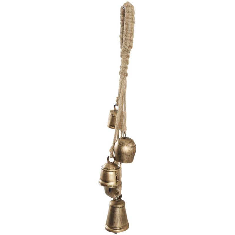 Gold, White or Black Metal Tibetan Inspired Cascading Indoor Outdoor Decorative Cow Bells with 5 Bells on Jute Hanging Rope