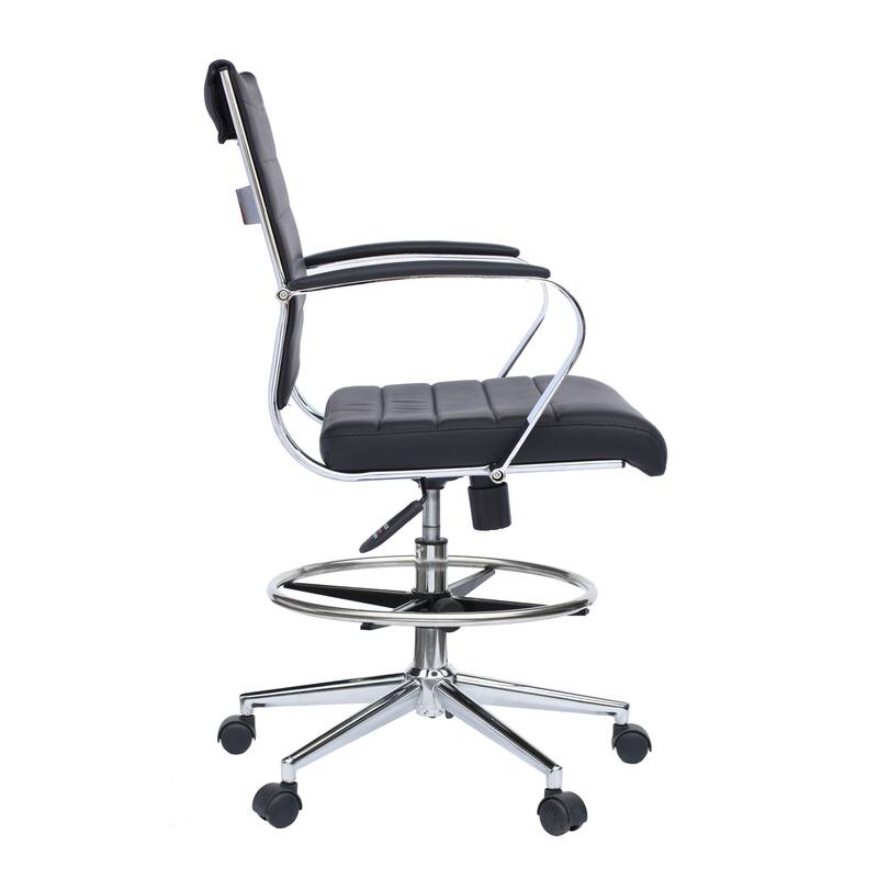 Swivel PU Leather Office Drafting Chair For Standing Table Mid-Back Ribbed Executive Ergonomic With Arms Wheels Task Computer