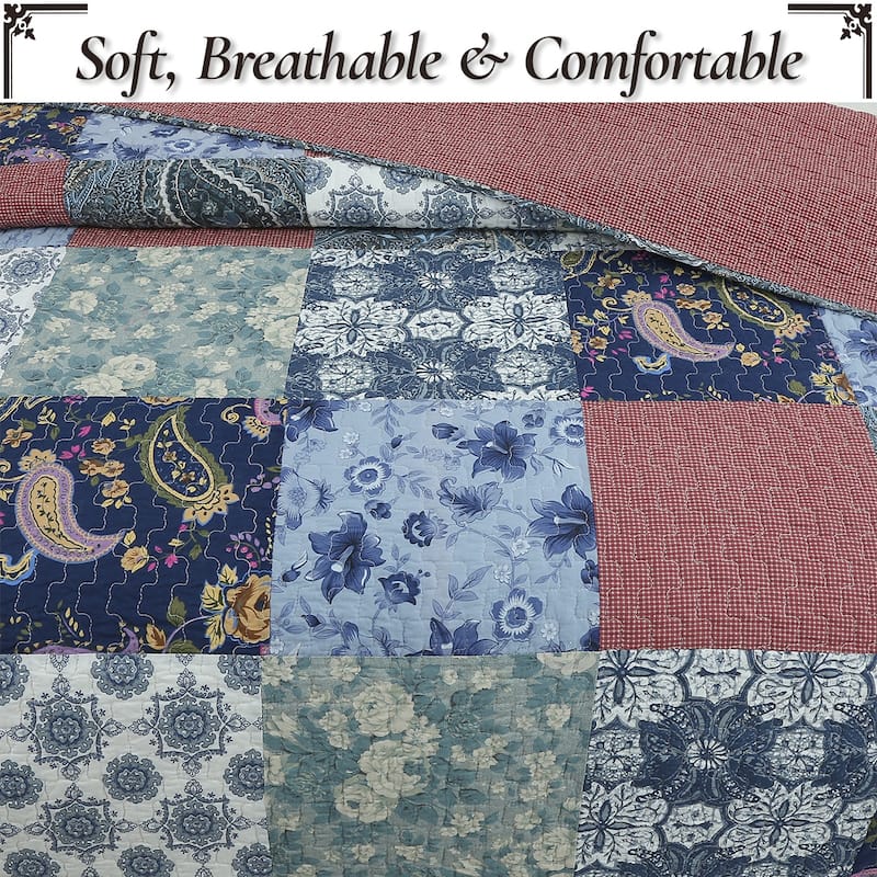 Cozy Line Country Blue Rose Floral Paisley Garden Cotton 3 Piece Patchwork Quilt Bedding Set
