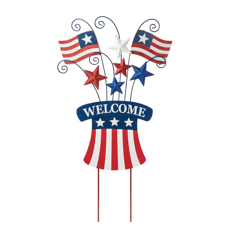 Glitzhome Metal Americana Stars Stripes Yard Stake Wall Sign with Welcome Flag