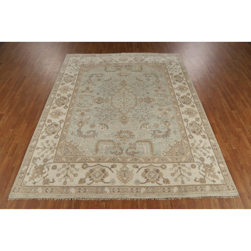 Aqua Light Blue Oushak Indian Area Rug Hand-Knotted Wool Carpet - 8'0" x 9'11"