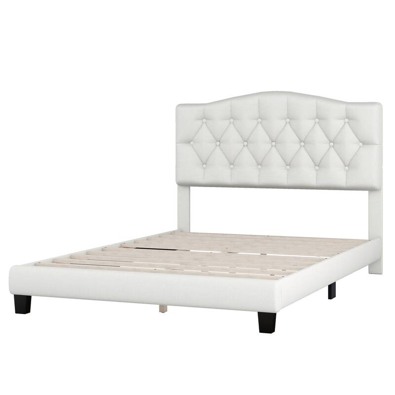 Beige Upholstered Low Profile Platform Bed Frame Saddle Curved Headboard Wingback Bed with Diamond Tufted Details Panel Bed