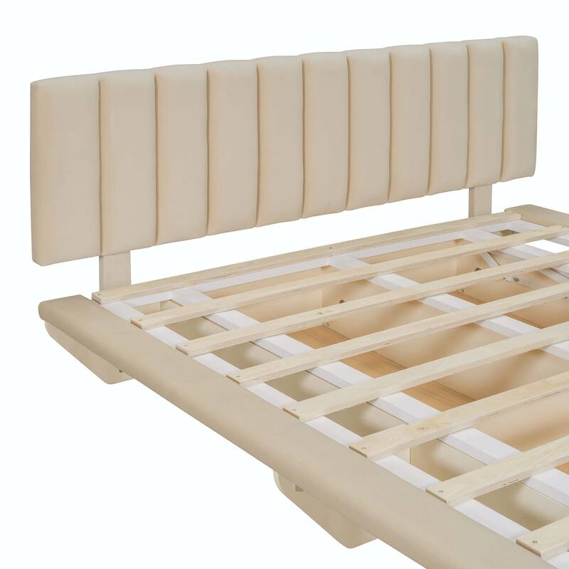 Queen Size Upholstered Floating Bed with LED Light and USB Port