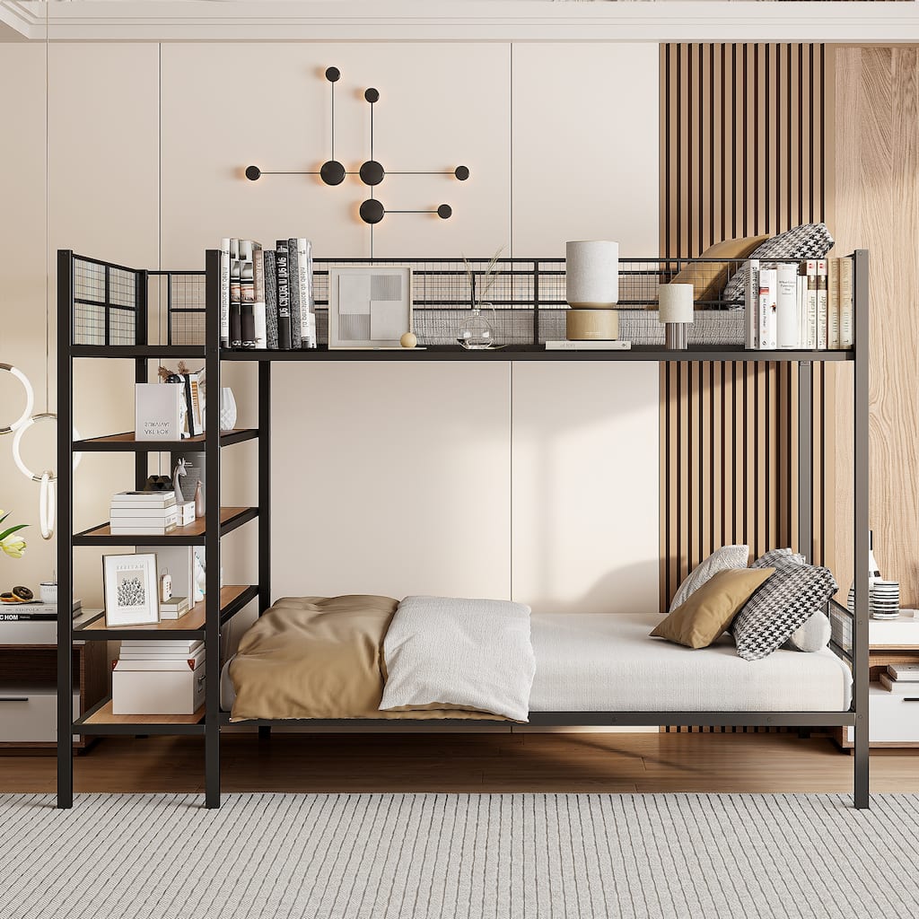 Full Size Over Twin Bunk Bed Metal Storage Bunk Bed with 5-Tier Shelves