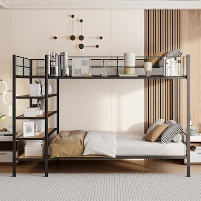 Twin Over Full Metal Bunk Bed Frame, Upper Bunk with Side storage Shelves, Lower Bed with 5-Tier Shelves